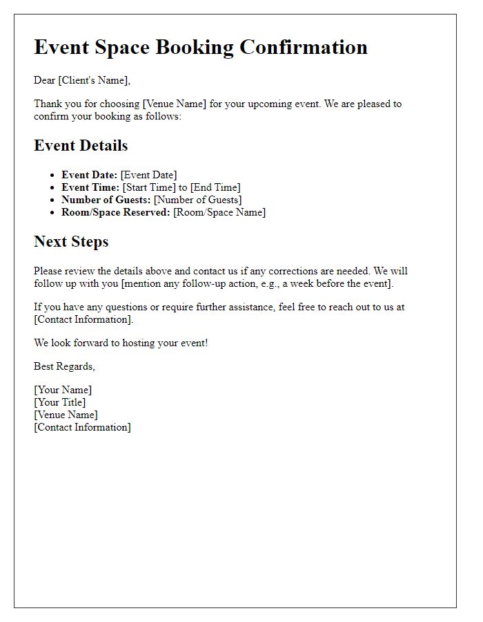 Letter template of Event Space Booking Confirmation