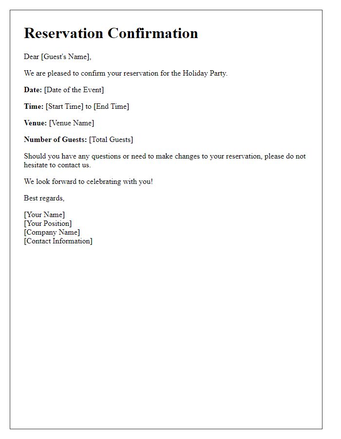 Letter template of Reservation Confirmation for Holiday Party