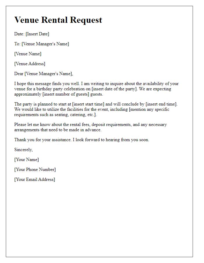 Letter template of Venue Rental Request for Birthday Party