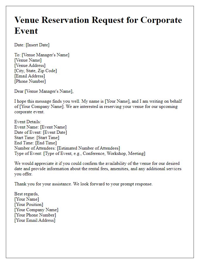 Letter template of Venue Reservation Request for Corporate Event