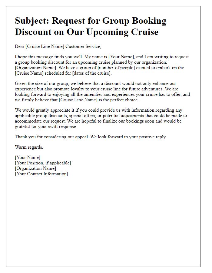 Letter template of appeal for group booking discount on a cruise.