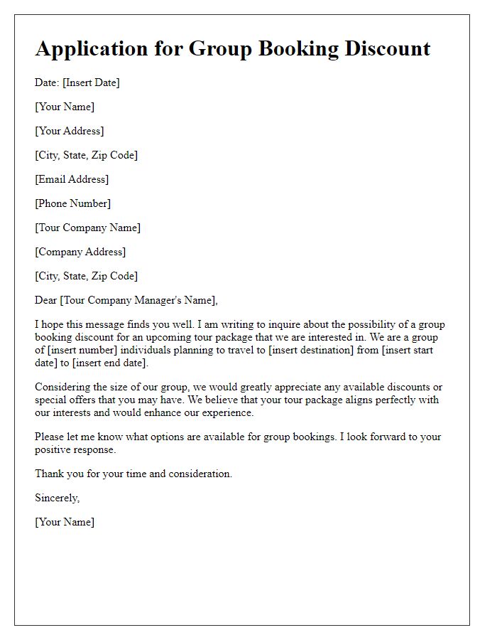 Letter template of application for group booking discount on a tour package.