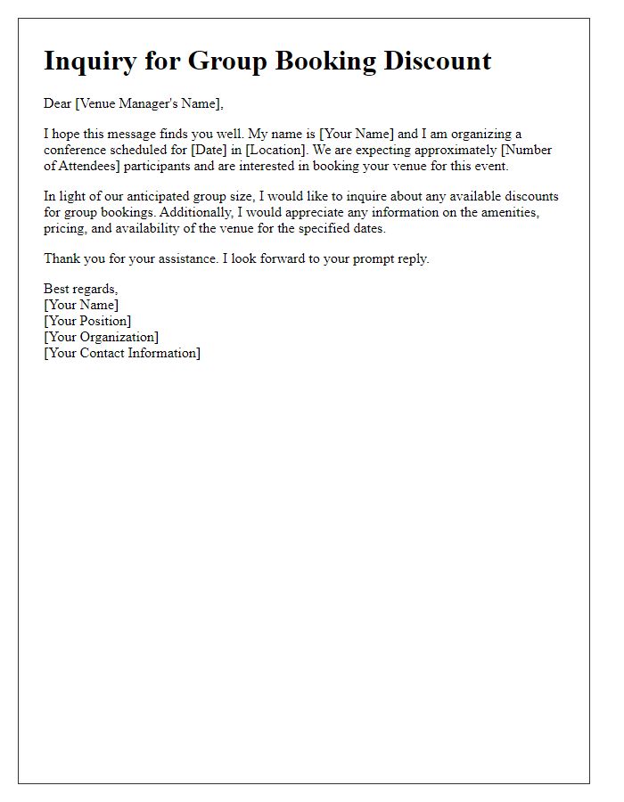 Letter template of inquiry for group booking discount for a conference venue.