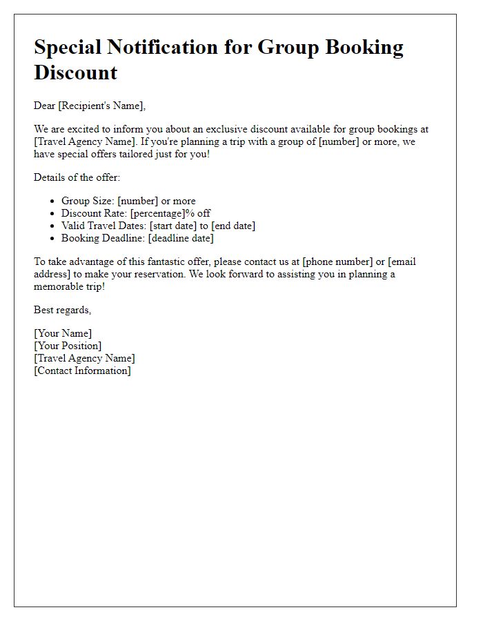 Letter template of notification for group booking discount with a travel agency.