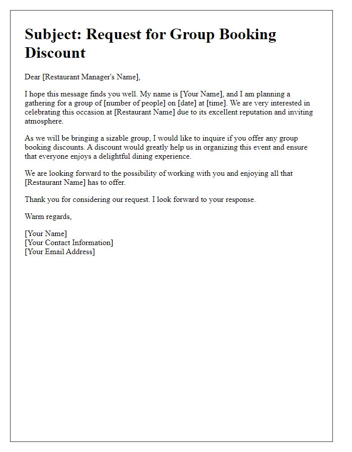 Letter template of plea for group booking discount at a restaurant.