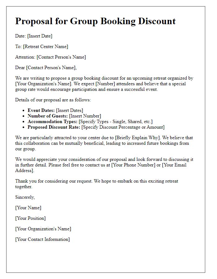 Letter template of proposal for group booking discount for a retreat center.