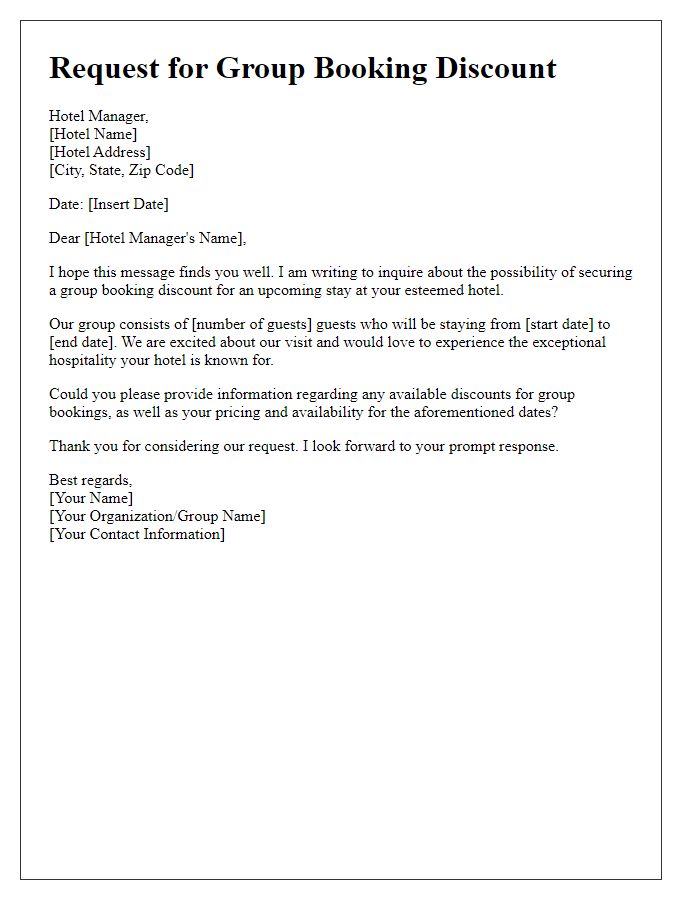 Letter template of request for group booking discount at a hotel.