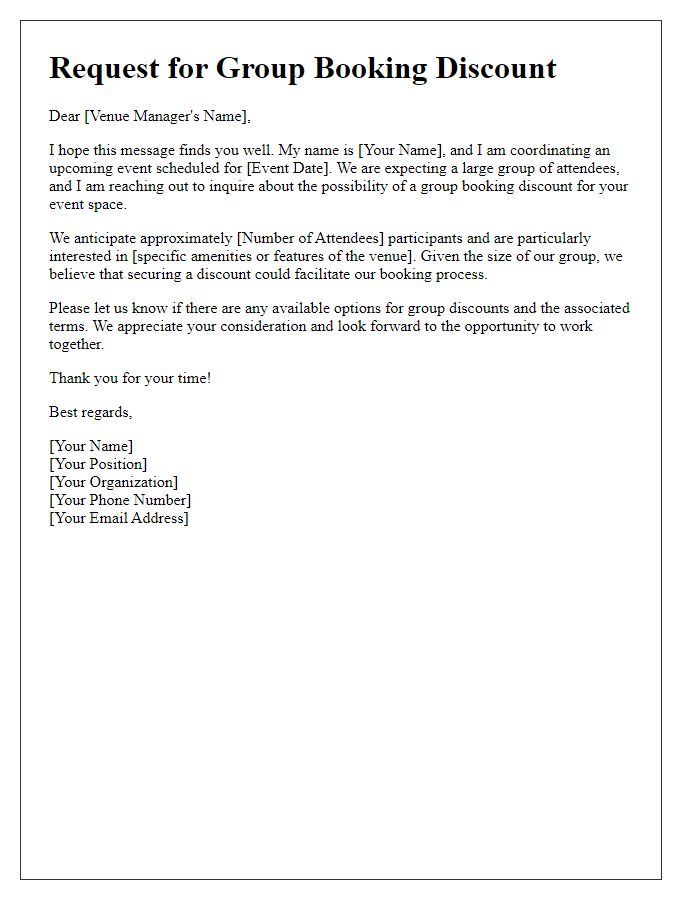 Letter template of solicitation for group booking discount for an event space.