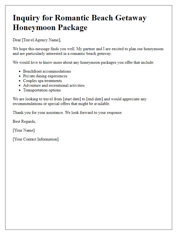 Letter template of honeymoon package inquiry for romantic beach getaways.