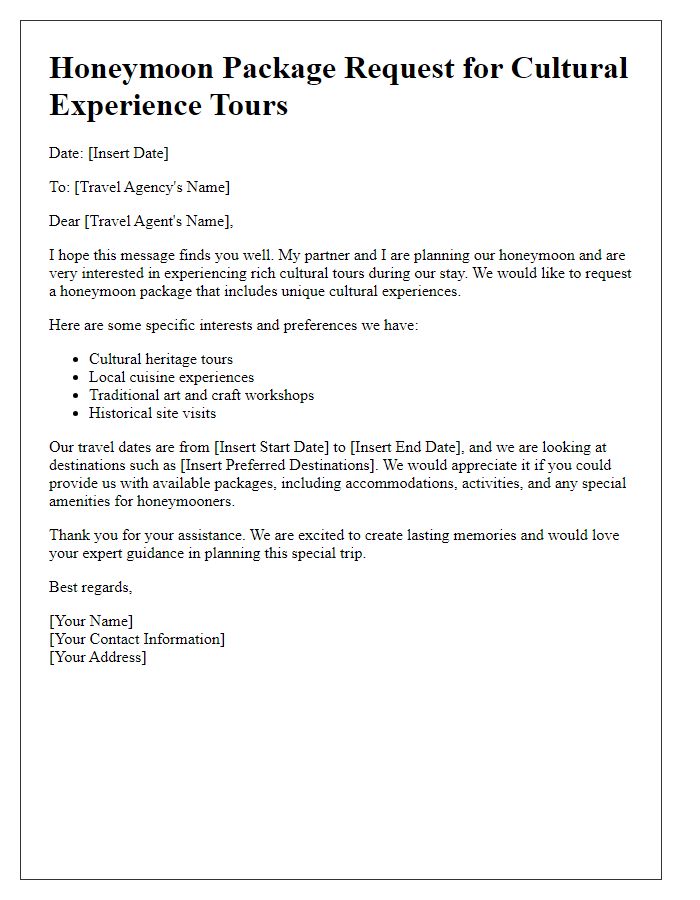 Letter template of honeymoon package request for cultural experience tours.