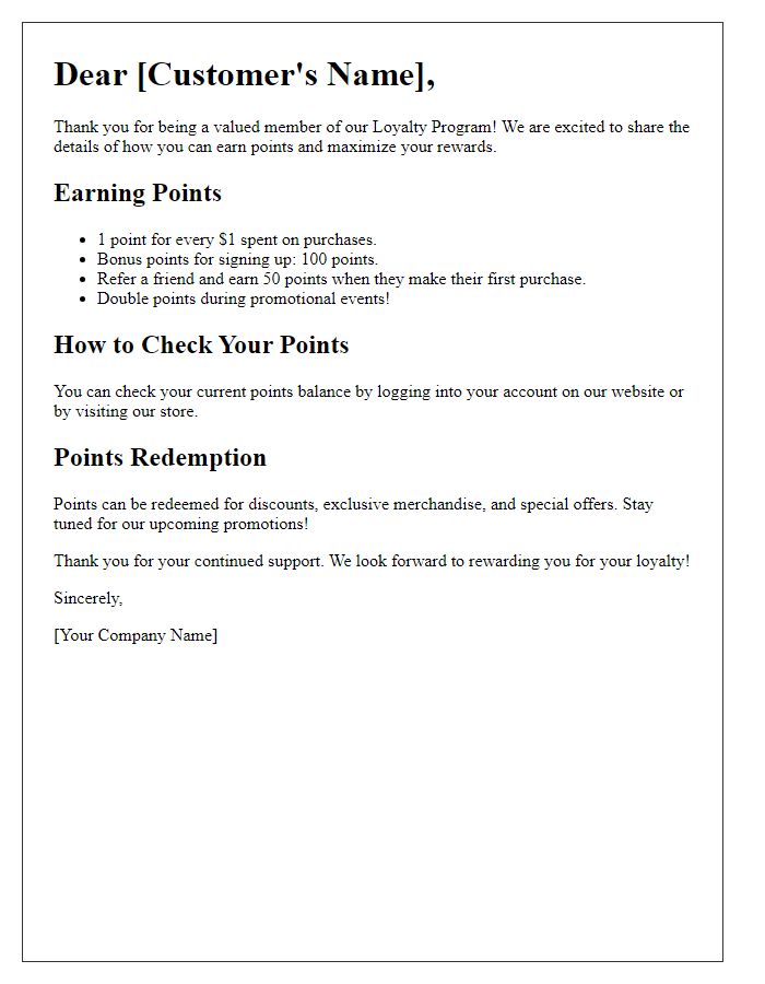 Letter template of loyalty program earning points details.