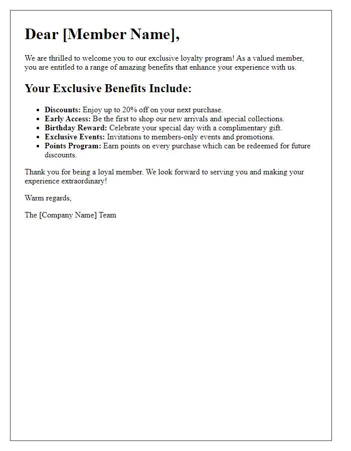 Letter template of loyalty program exclusive member benefits.