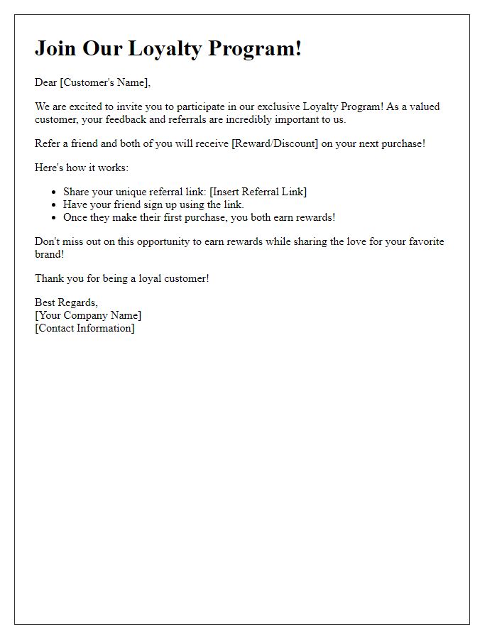 Letter template of loyalty program referral rewards invitation.