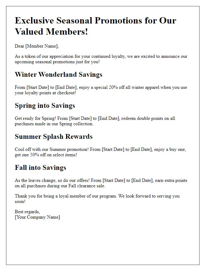 Letter template of loyalty program seasonal promotions.