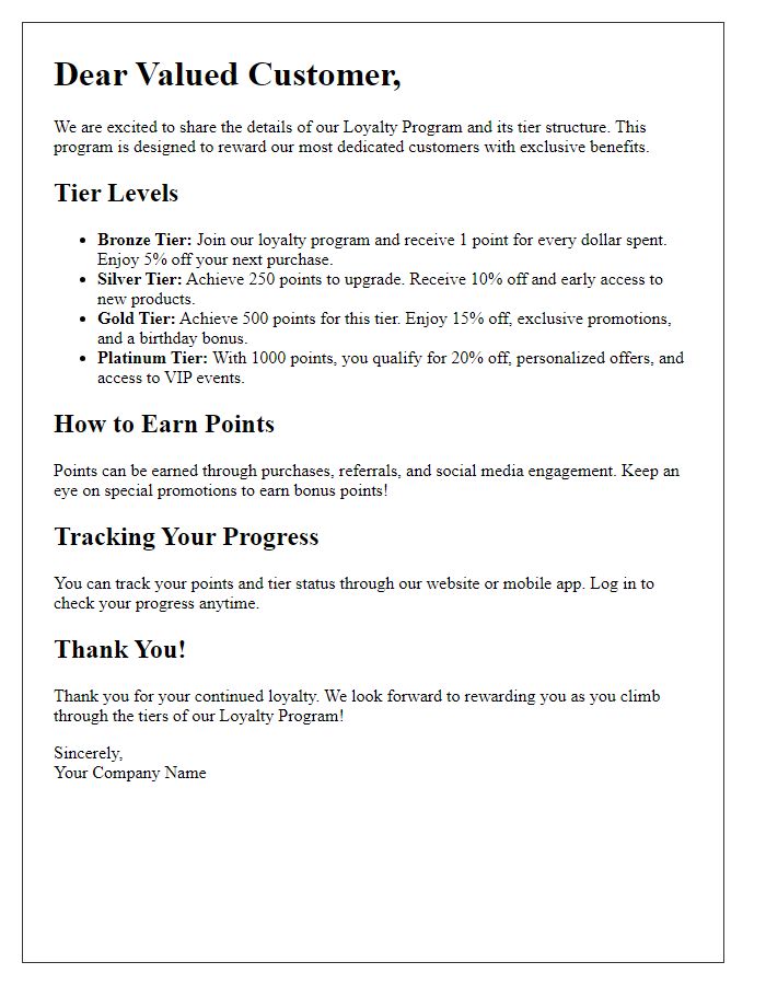 Letter template of loyalty program tier structure explanation.