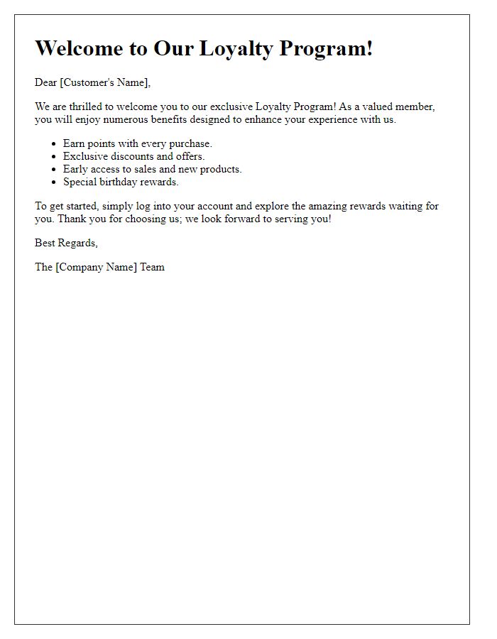 Letter template of loyalty program welcome announcement.