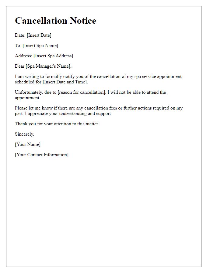 Letter template of spa service cancellation notice