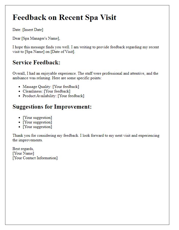 Letter template of spa service feedback and suggestions