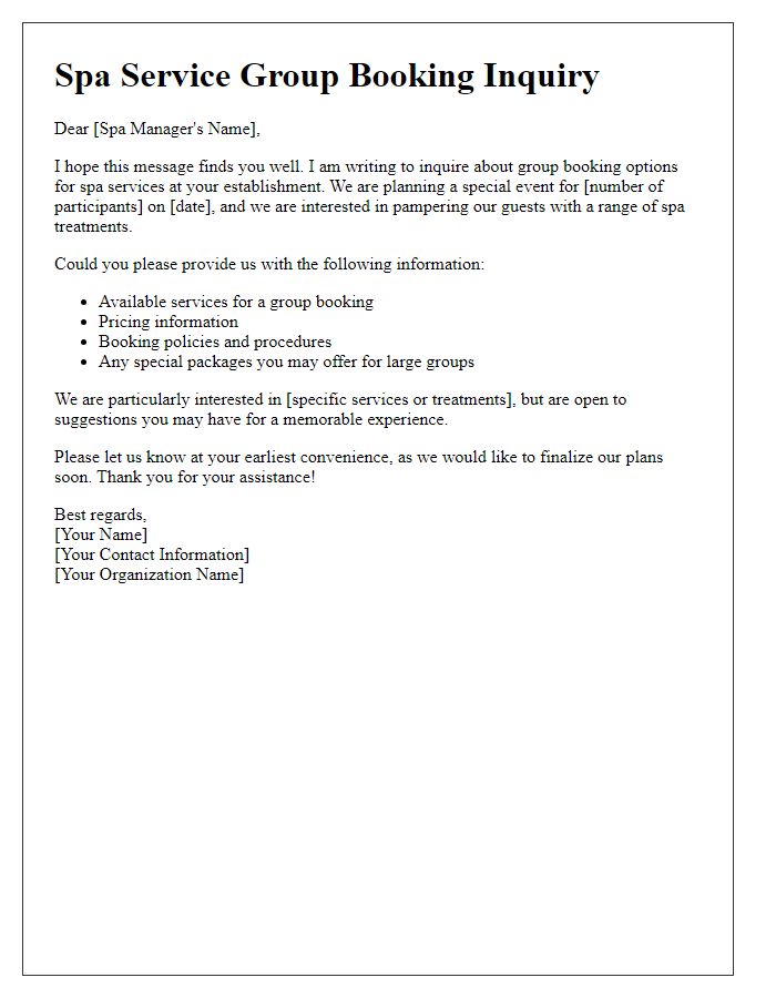 Letter template of spa service group booking inquiry