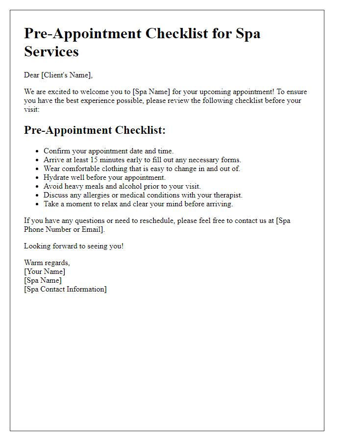 Letter template of spa service pre-appointment checklist