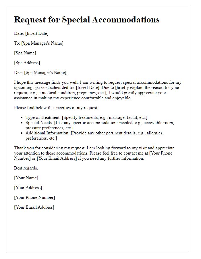 Letter template of spa service request for special accommodations