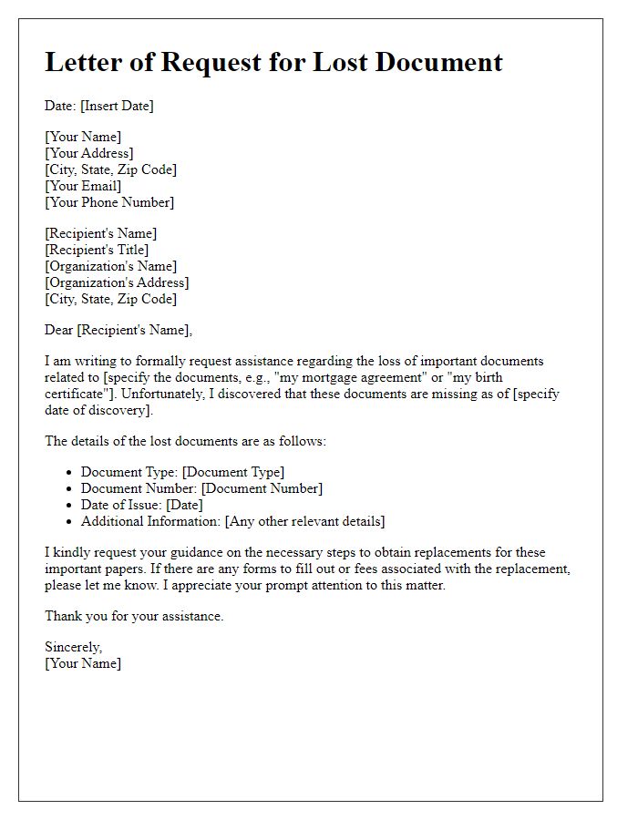 Letter template of lost document request for important papers.