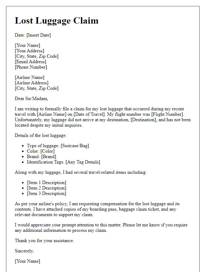 Letter template of lost luggage claim for travel-related items.