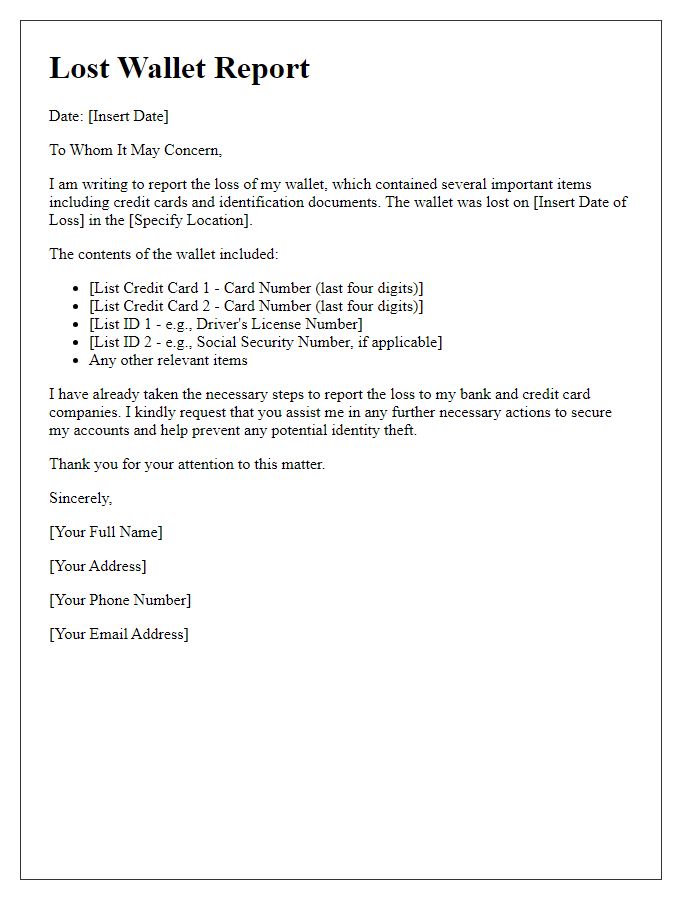 Letter template of lost wallet report for credit cards and IDs.