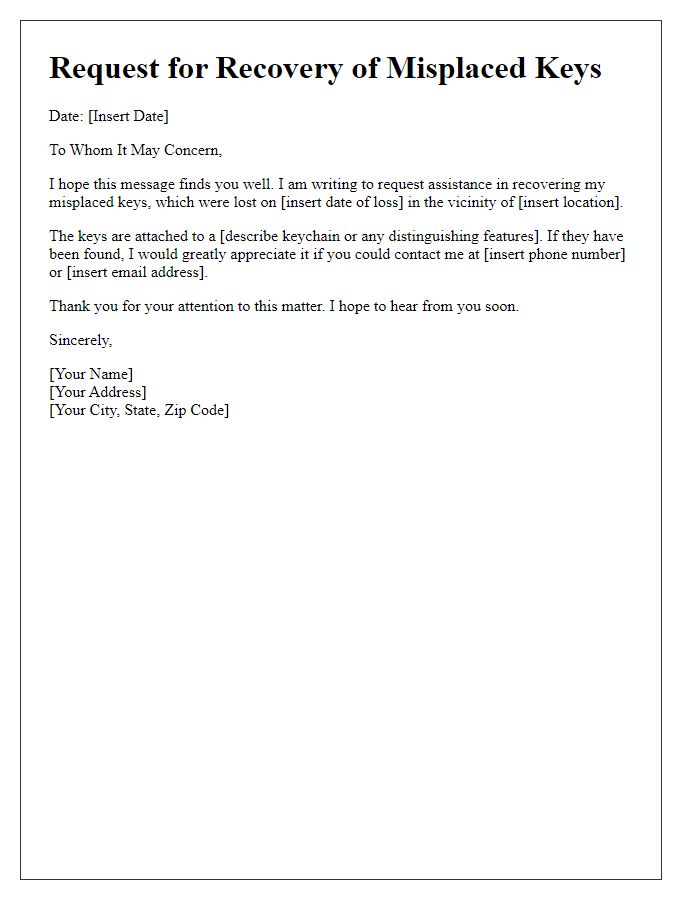 Letter template of misplaced keys recovery request.