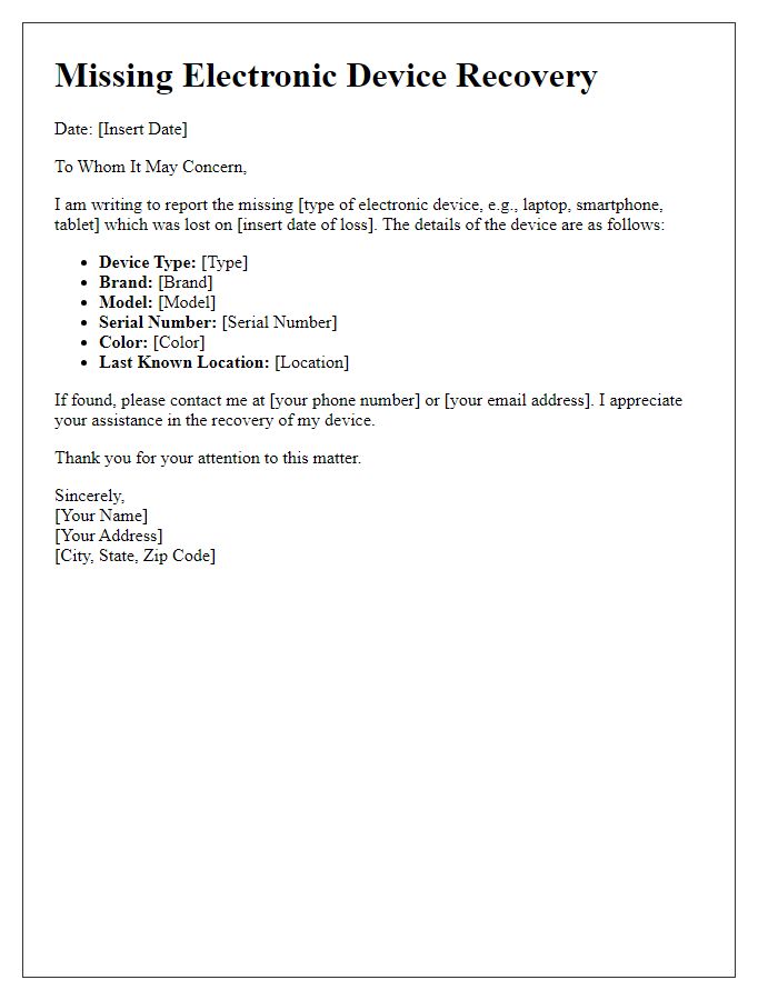 Letter template of missing electronic device recovery.