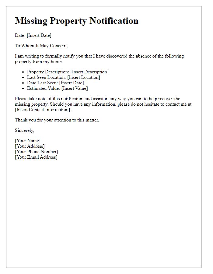 Letter template of missing property notification for homes.