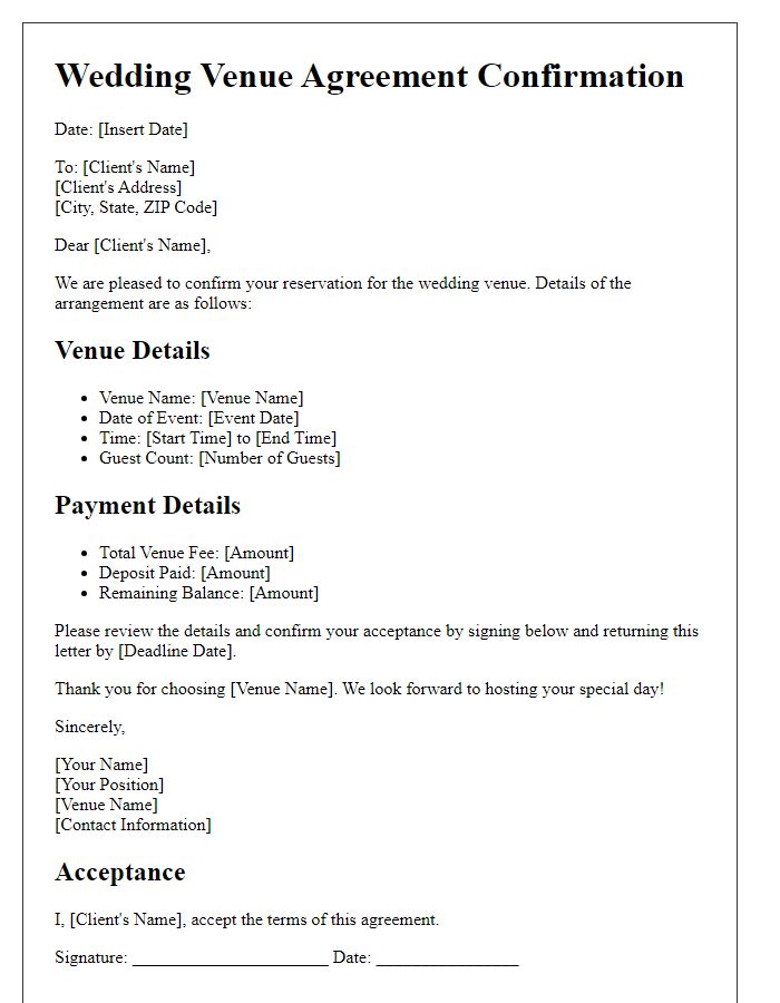 Letter template of wedding venue agreement confirmation