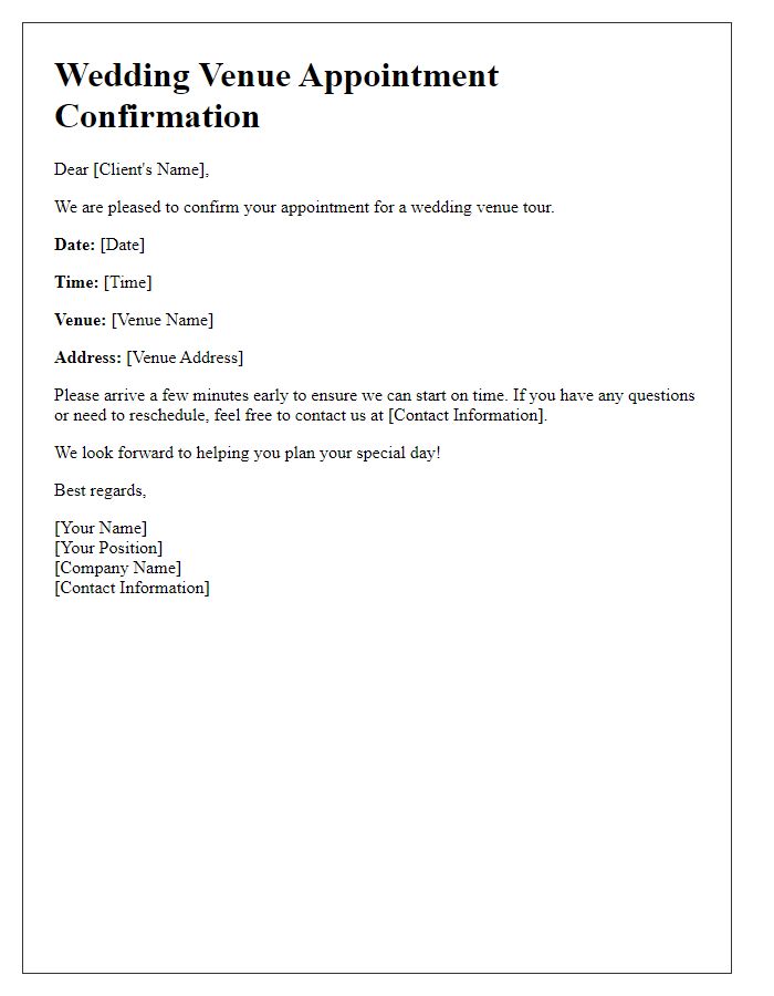 Letter template of wedding venue appointment confirmation