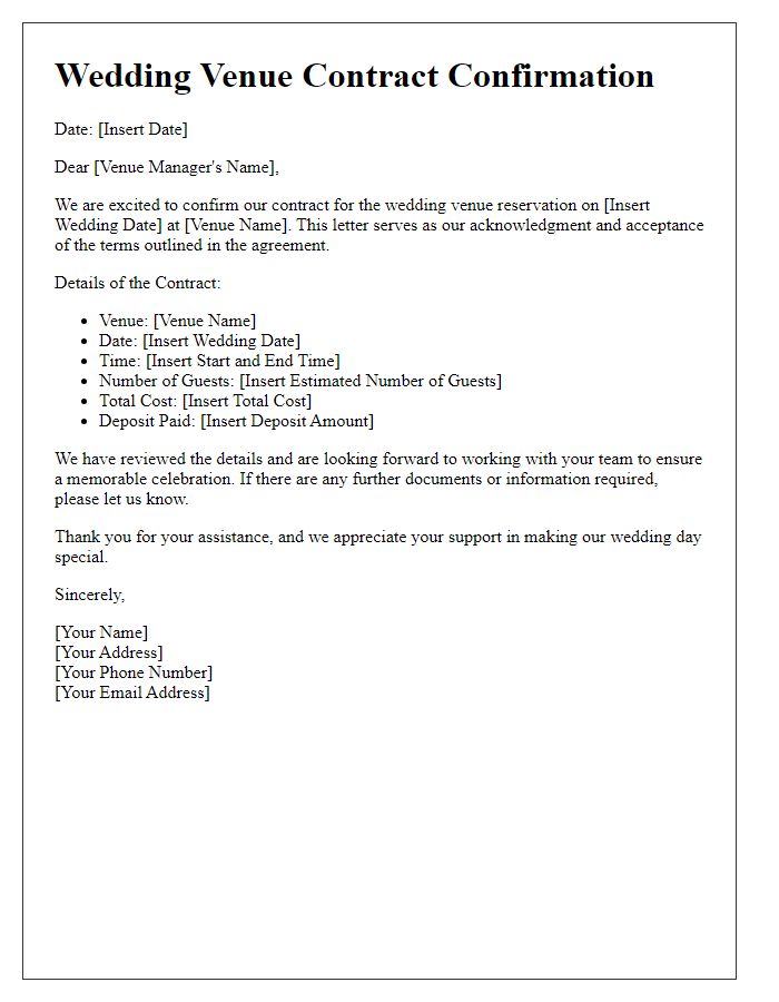 Letter template of wedding venue contract confirmation