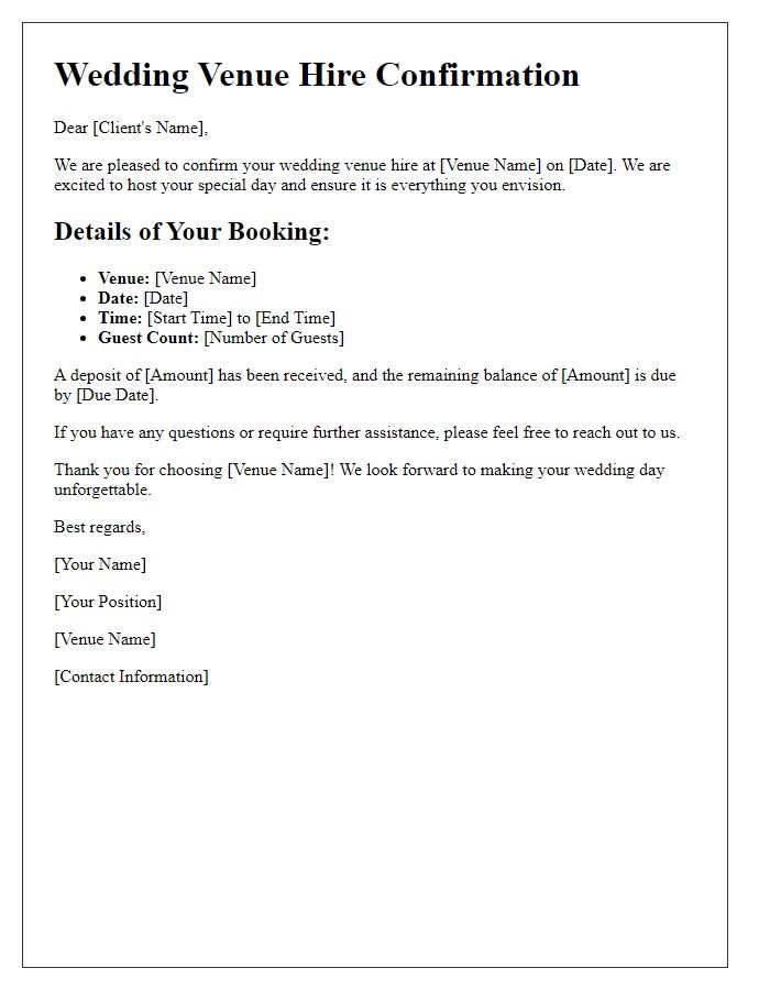 Letter template of wedding venue hire confirmation