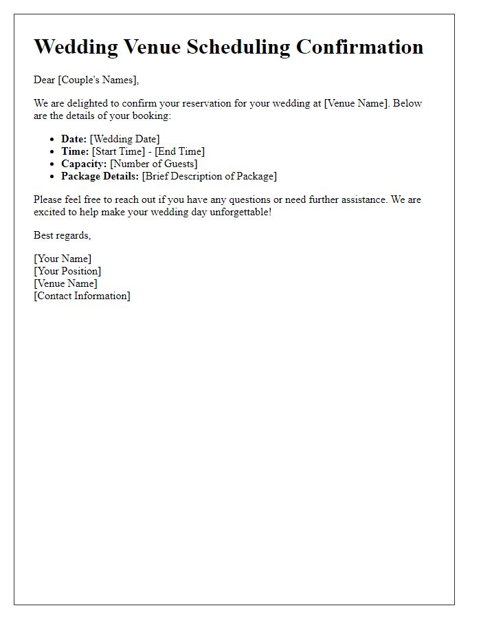 Letter template of wedding venue scheduling confirmation