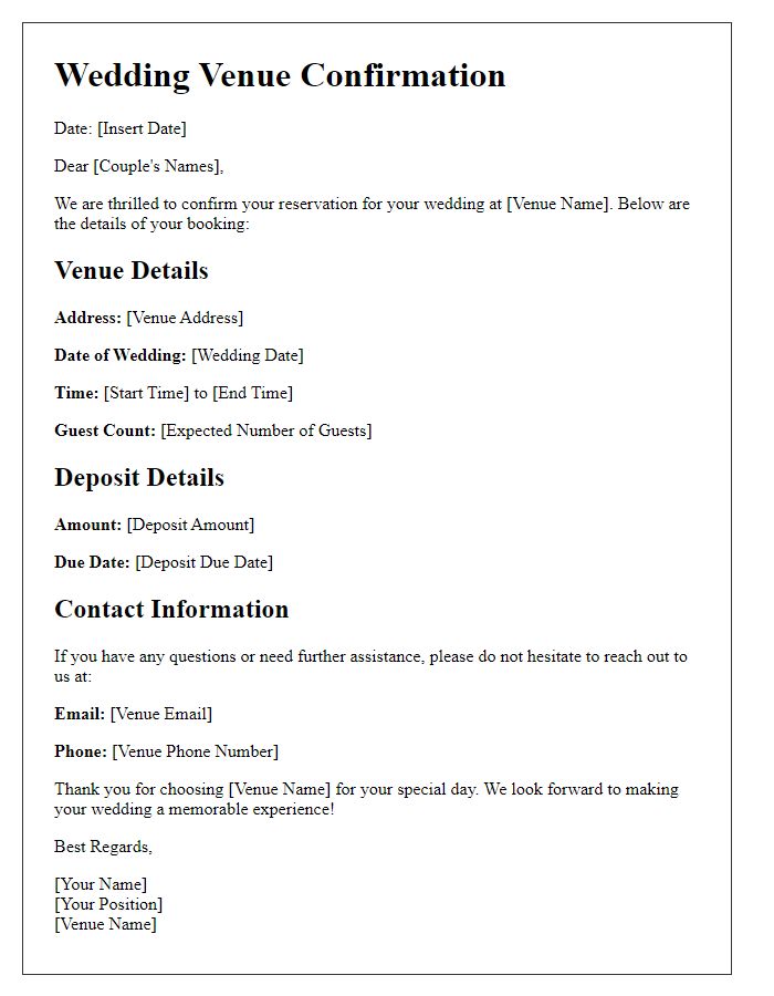 Letter template of wedding venue space confirmation