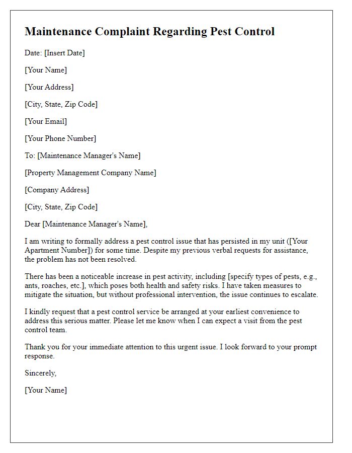 Letter template of maintenance complaint regarding pest control