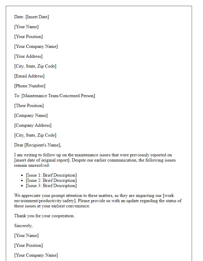 Letter template of maintenance follow-up for unresolved issues