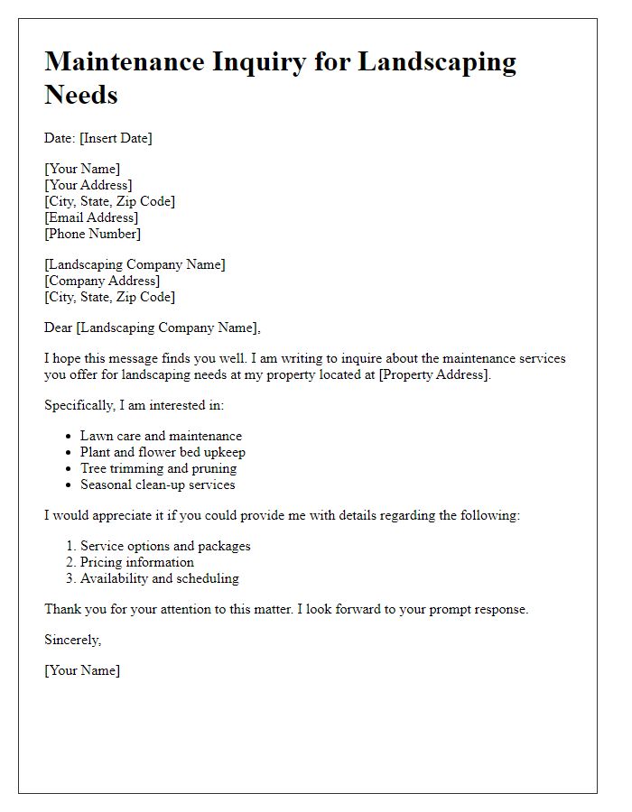 Letter template of maintenance inquiry for landscaping needs