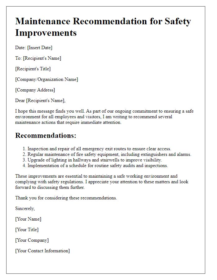 Letter template of maintenance recommendation for safety improvements