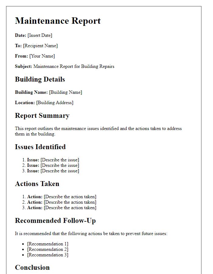 Letter template of maintenance report for building repairs