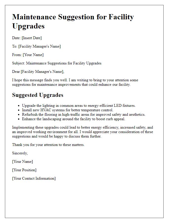 Letter template of maintenance suggestion for facility upgrades