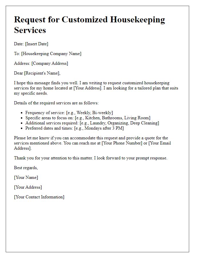 Letter template of customized housekeeping services request