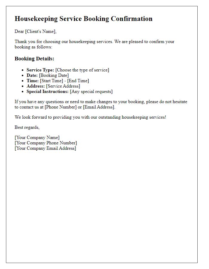 Letter template of housekeeping service booking