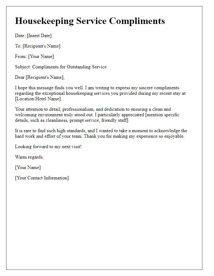 Letter template of housekeeping service compliments