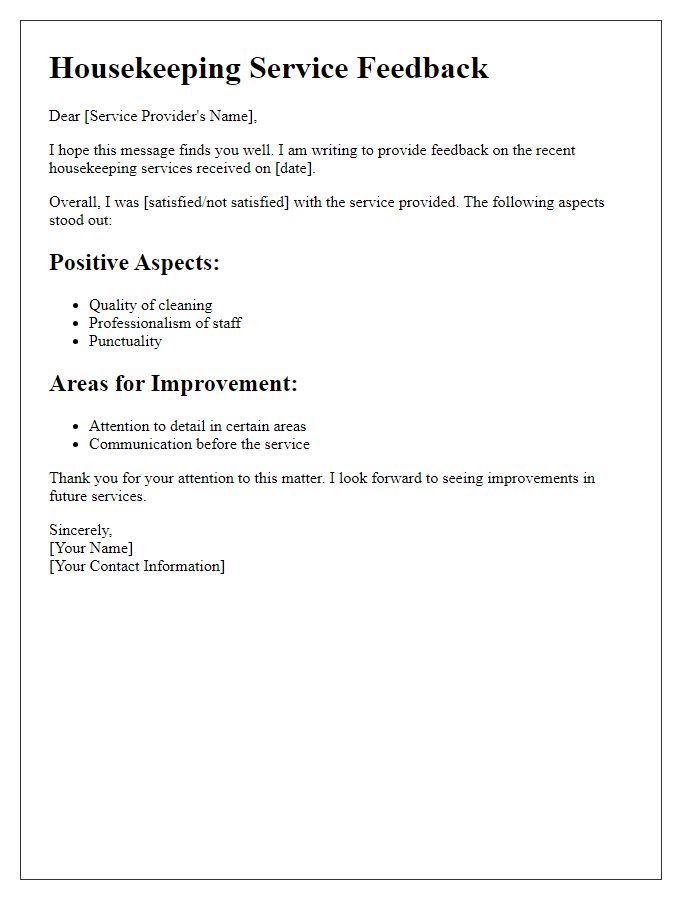 Letter template of housekeeping service feedback