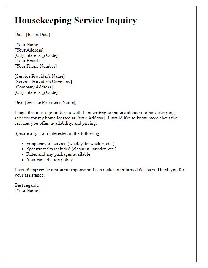 Letter template of housekeeping service inquiry