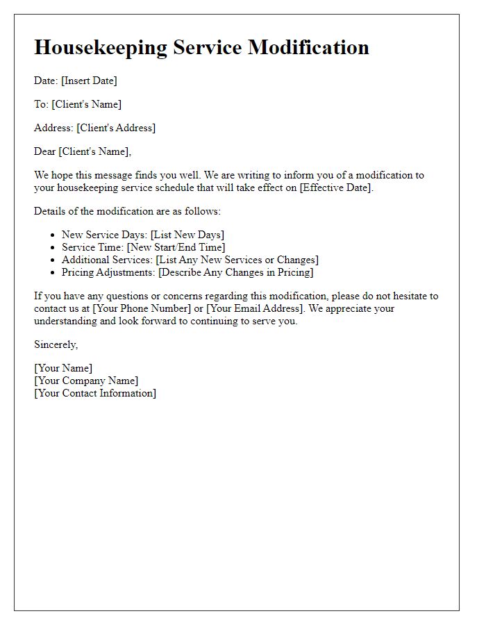 Letter template of housekeeping service modification