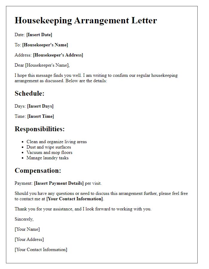 Letter template of regular housekeeping arrangement